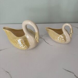 Belleek Ireland Porcelain Pair Of Swan Creamers Sauce Boats Canary Luster Gold